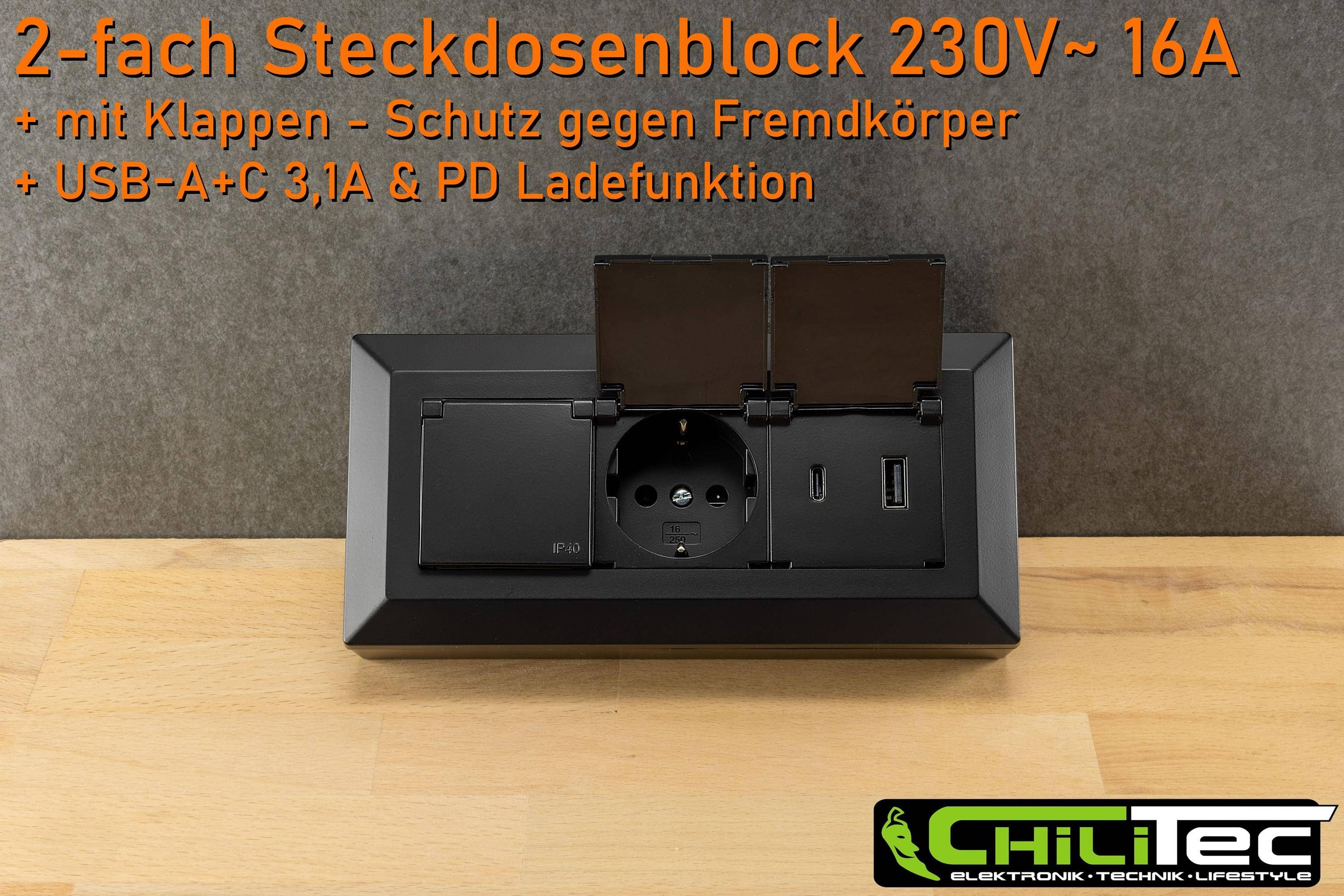 ChiliTec - 2-fach Steckdosenblock USB-A&C schwarz mit Klappen-3
