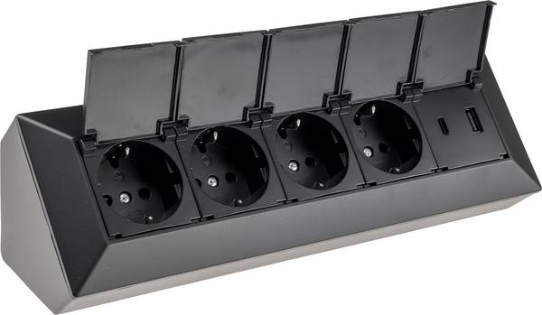 ChiliTec - 4-fach Steckdosenblock + USB-A/C schwarz mit Klapp