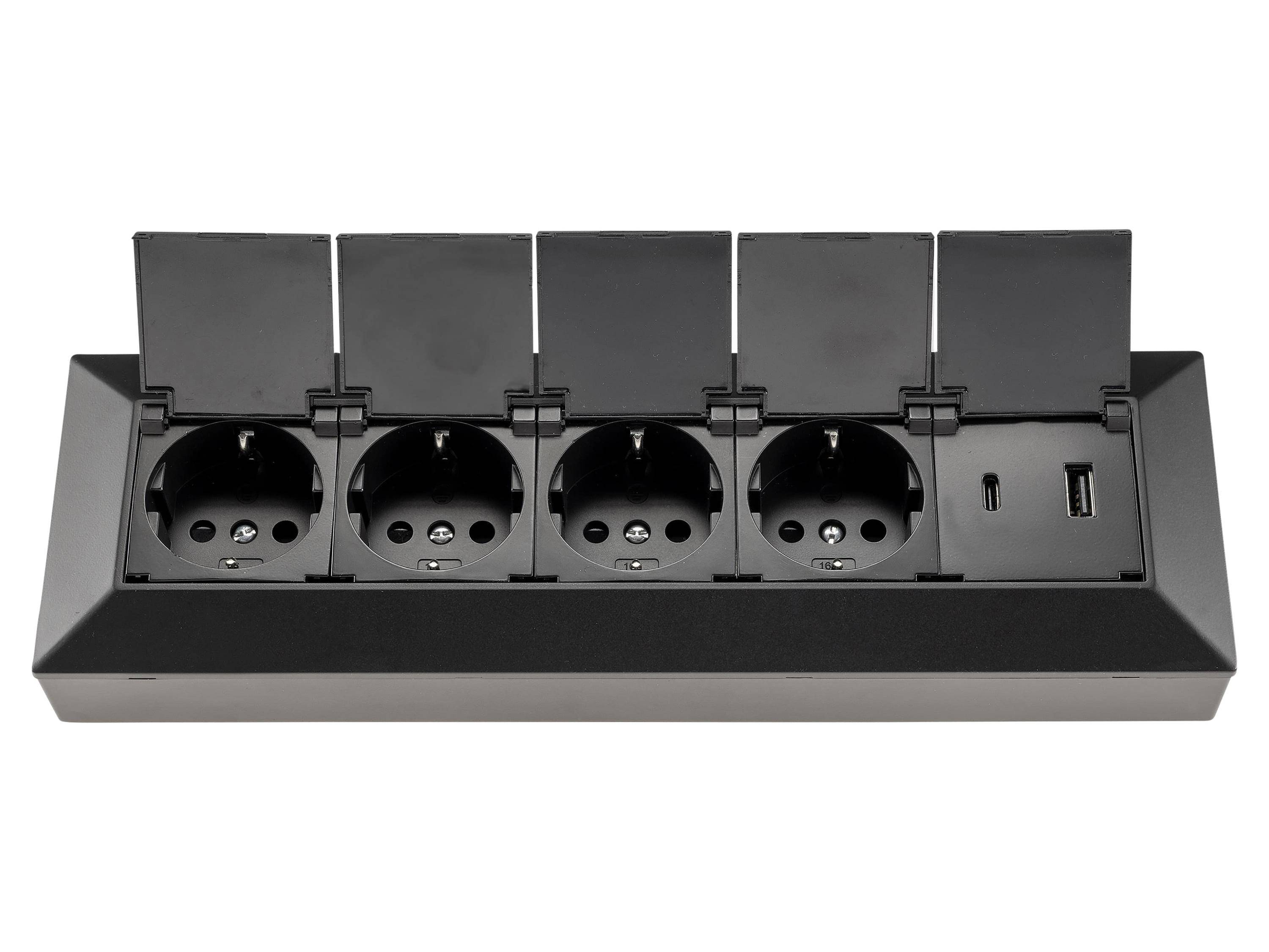 ChiliTec - 4-fach Steckdosenblock + USB-A/C schwarz mit Klapp-3