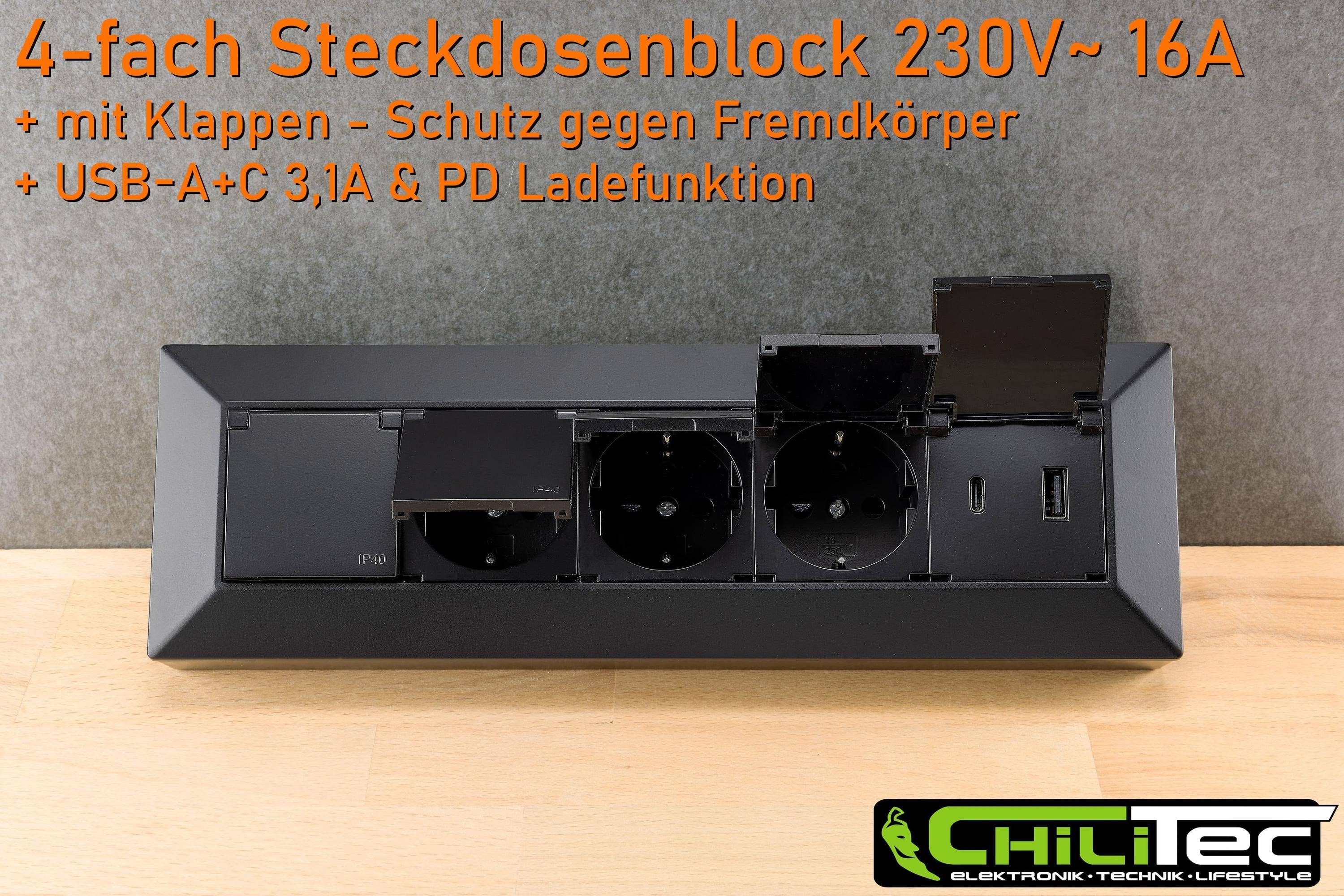 ChiliTec - 4-fach Steckdosenblock + USB-A/C schwarz mit Klapp-4