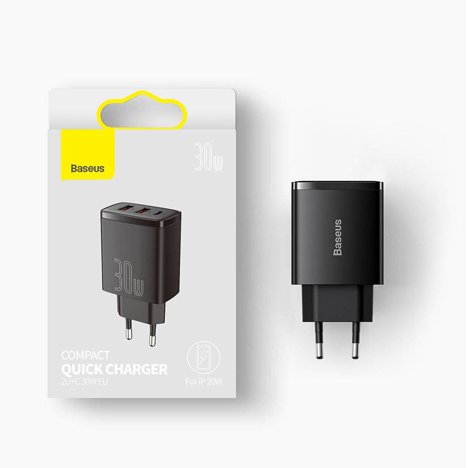 Symbolbild für Baseus Compact Power Supply Adapter 30Watt 1xUSB-C + 2xUSB