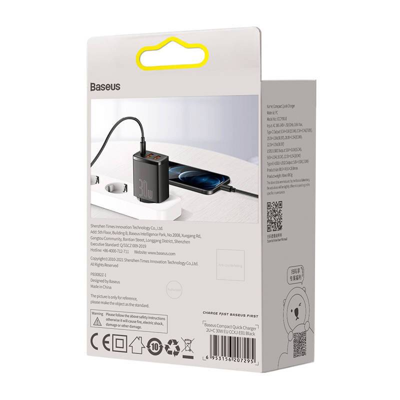 Symbolbild für Baseus Compact Power Supply Adapter 30Watt 1xUSB-C + 2xUSB
