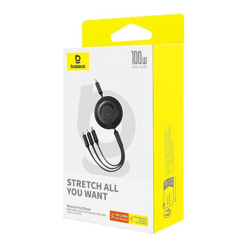 Symbolbild für Schnellladekabel 3in1 Baseus Free2Draw USB-C zu USB-C/Blitz/Micro 100W, 1,1m (schwarz)