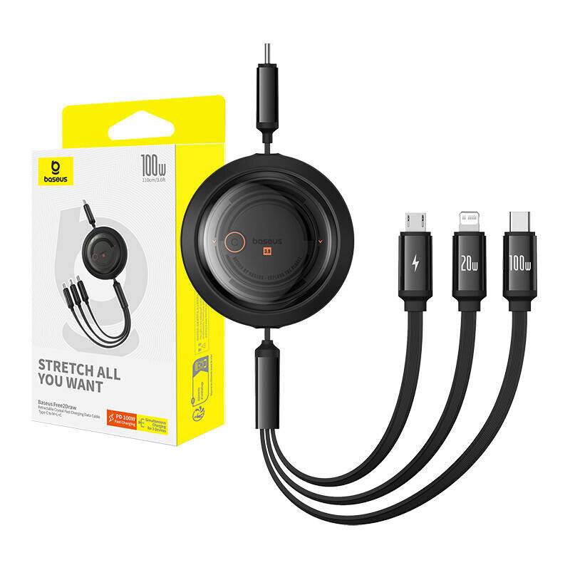 Symbolbild für Schnellladekabel 3in1 Baseus Free2Draw USB-C zu USB-C/Blitz/Micro 100W, 1,1m (schwarz)