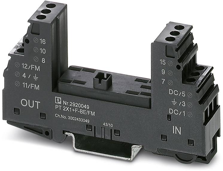 Schwarzes DIN-Schienenmodul mit verschiedenen Anschlussklemmen, markiert mit 'IN' und 'OUT', kennzeichnet elektrische Signalwege.