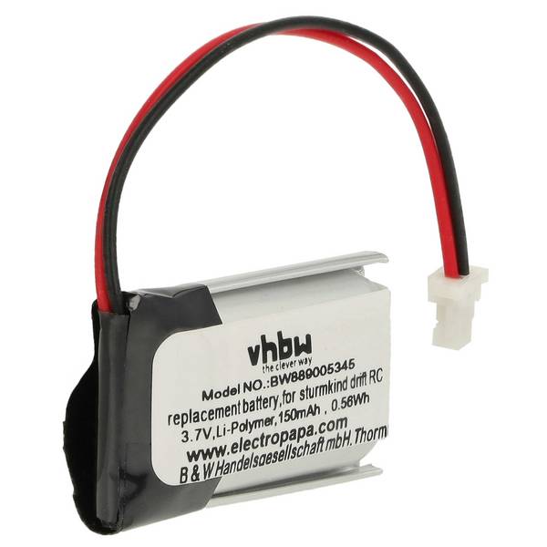 vhbw Akku kompatibel mit Sturmkind DR!FT Modellbau (150mAh, 3,7V, Li-Polymer, Schwarz Silber, 15 x 19 x 8 mm, SH1.0-2P
