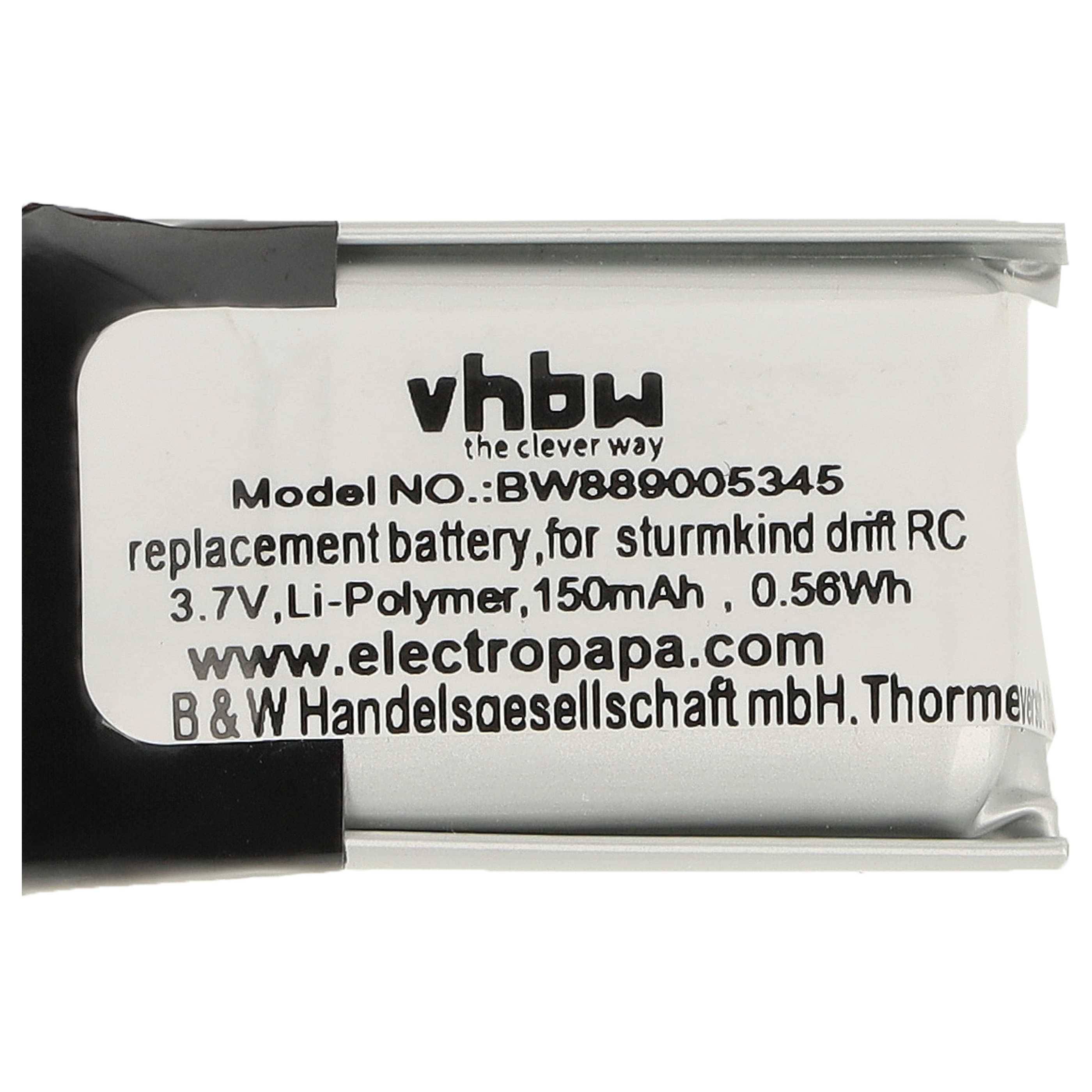 vhbw Akku kompatibel mit Sturmkind DR!FT Modellbau (150mAh, 3,7V, Li-Polymer, Schwarz Silber, 15 x 19 x 8 mm, SH1.0-2P-3