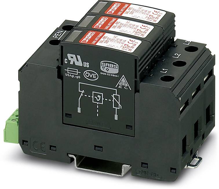 Schwarzes elektrisches Bauteil, möglicherweise ein Überspannungsschutz, mit mehreren Klemmen und aufgedruckten Sicherheitssymbolen.