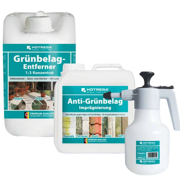 HOTREGA Grünbelagentferner 1:3 Konzentrat 5 Liter + Anti Grünbelag Imprägnierung 2L + Druckspritze 1,5L
