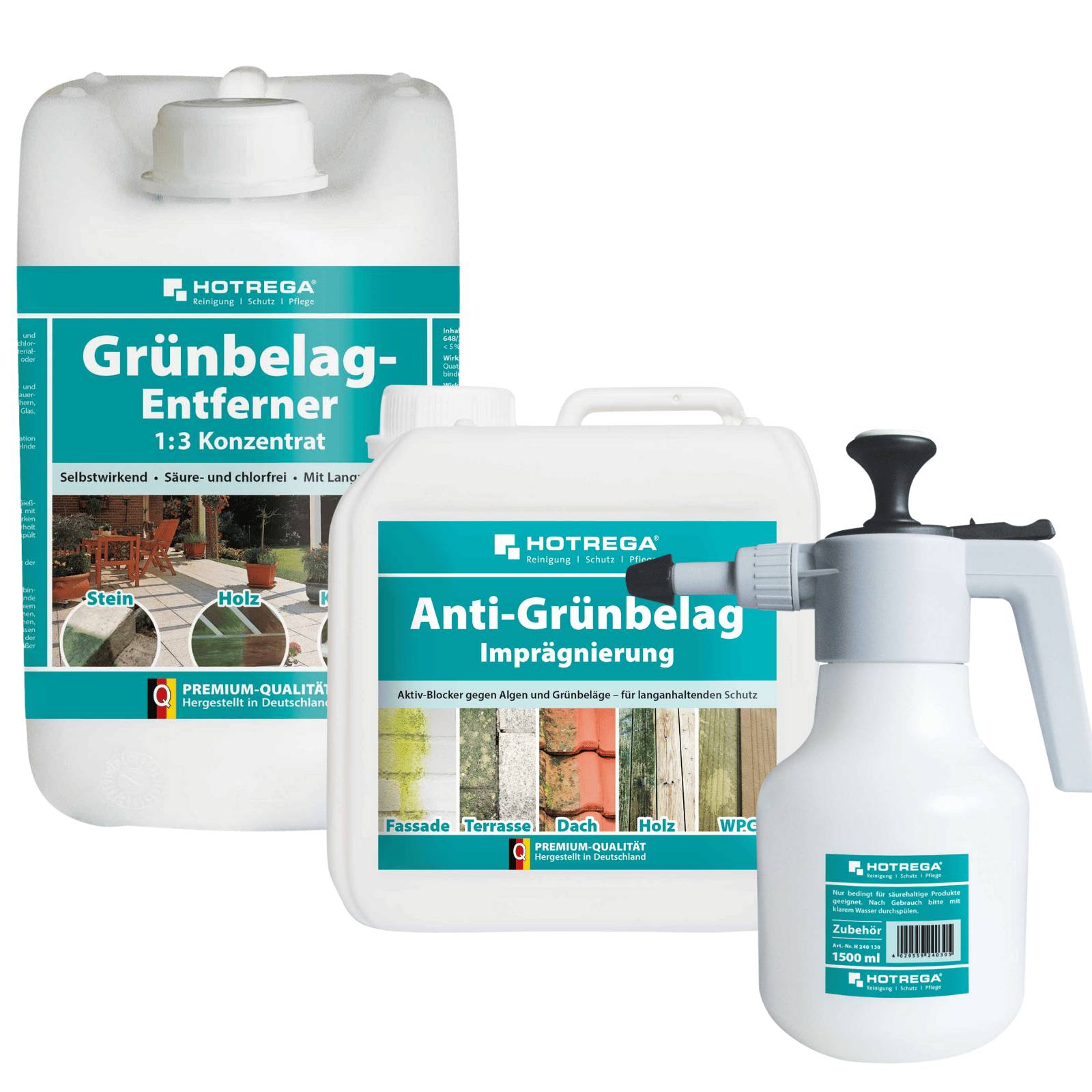 HOTREGA Grünbelagentferner 1:3 Konzentrat 5 Liter + Anti Grünbelag Imprägnierung 2L + Druckspritze 1,5L-0