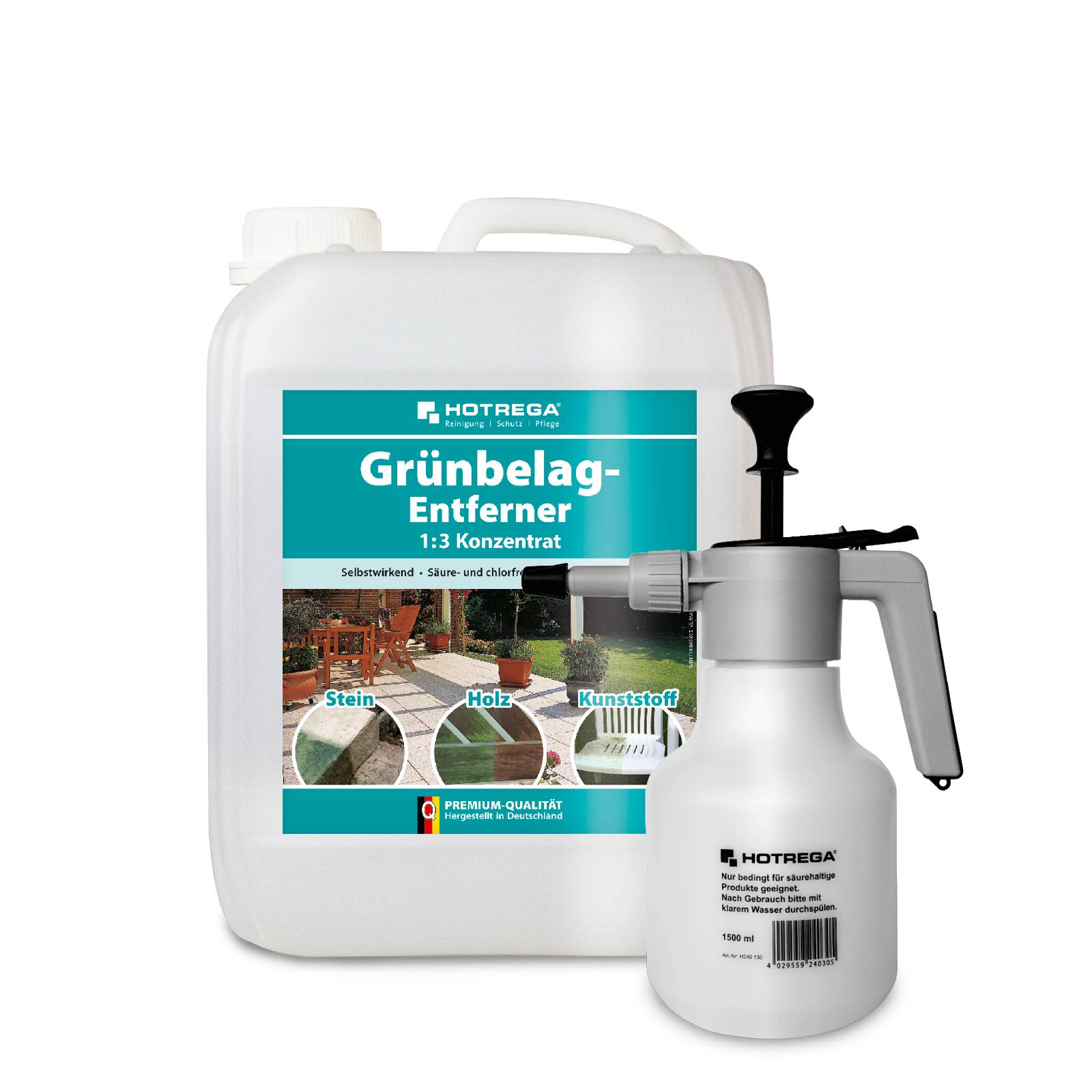 HOTREGA Grünbelagentferner 1:3 Konzentrat 5 Liter + Druckspritze 1,5L-0