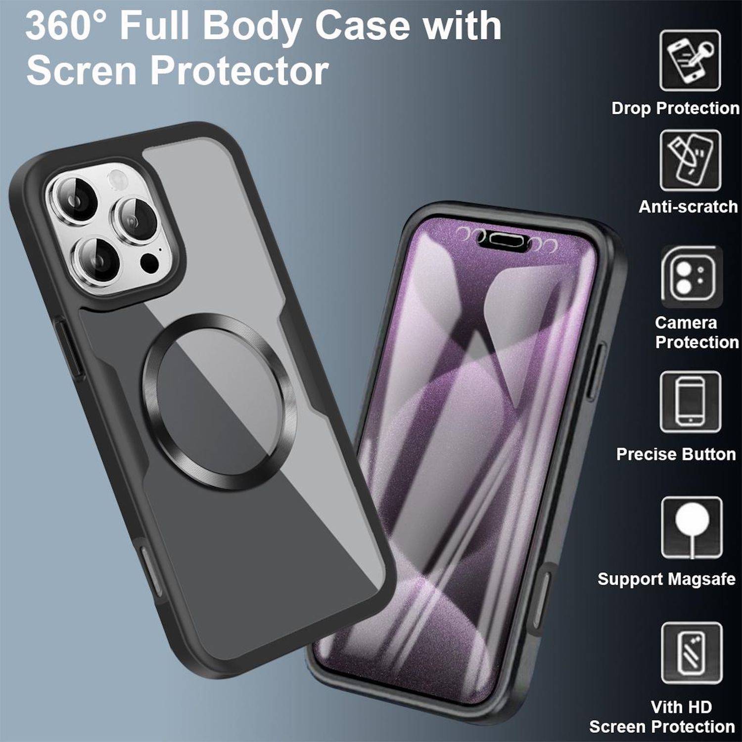 Handyhülle für Apple iPhone 17e / 16e Full Cover 360 Acrylic Hybrid TPU Schwarz-2