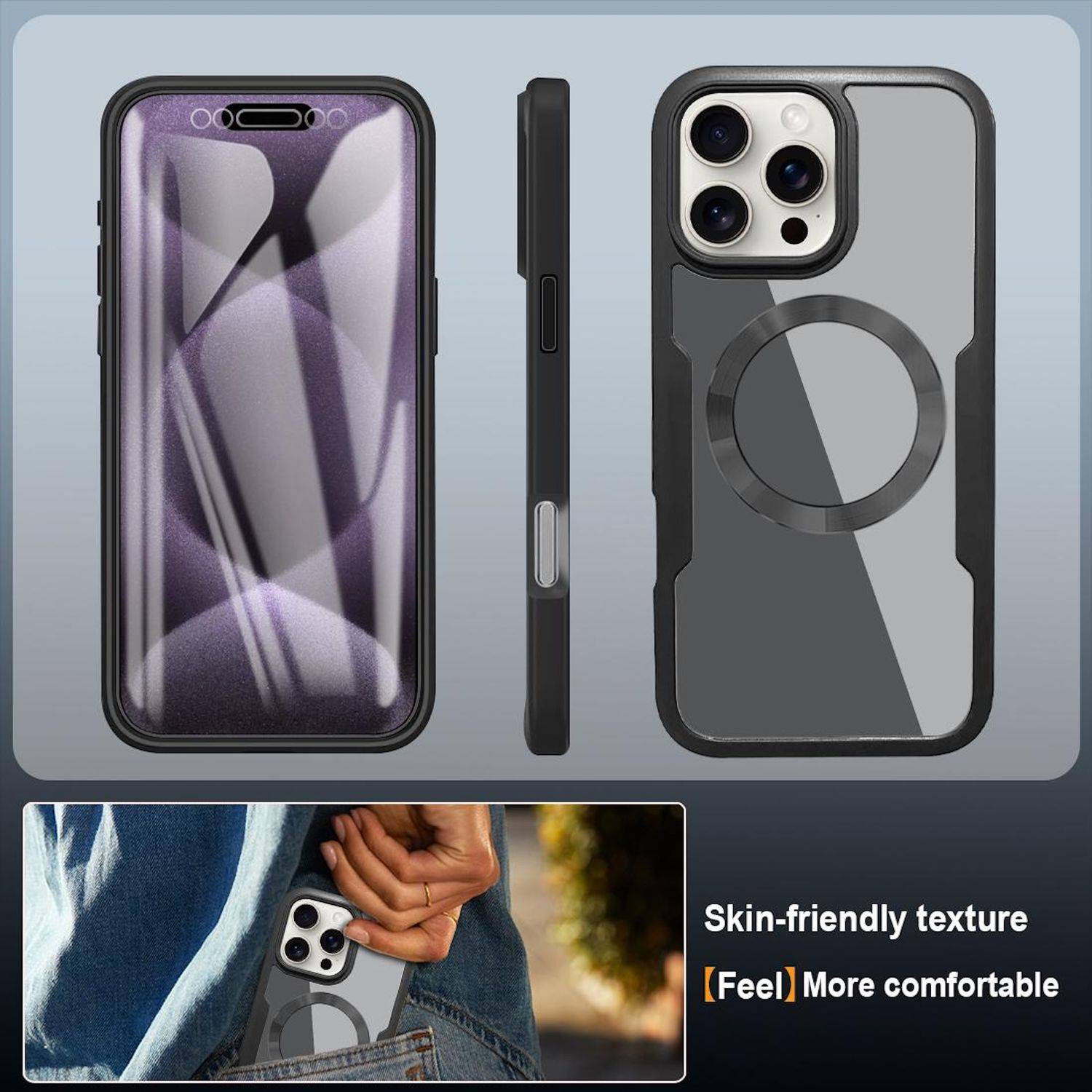Handyhülle für Apple iPhone 17e / 16e Full Cover 360 Acrylic Hybrid TPU Schwarz-3