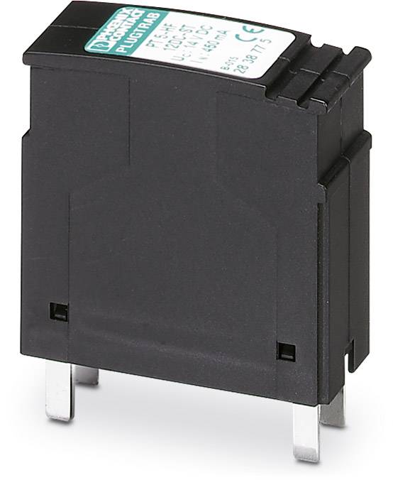 Schwarze Sicherung mit zwei Metallstiften, geeignet für elektrische Geräte, mit blauem Etikett oben.