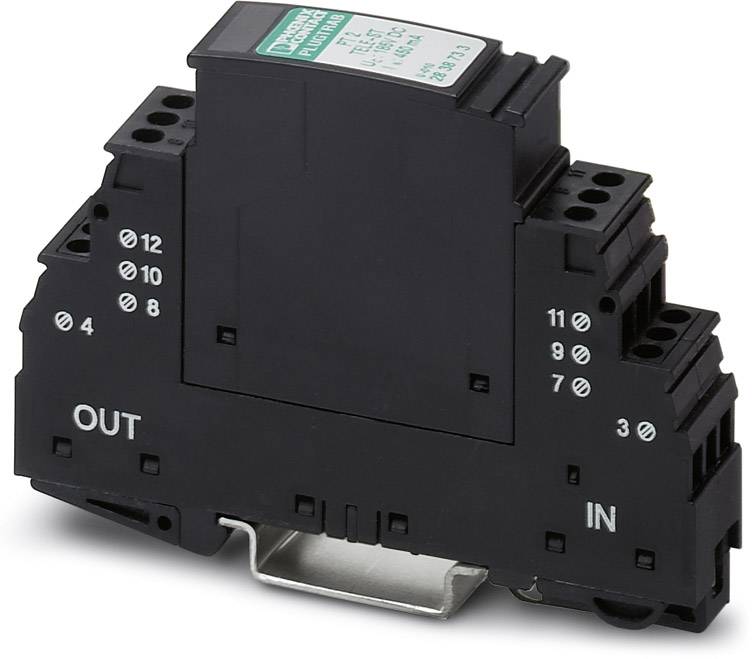 Ein schwarzes elektrisches Bauteil zur Hutschienenmontage mit Anschlussklemmen und grün-weißem Etikett. Markierungen für 'IN' und 'OUT'.