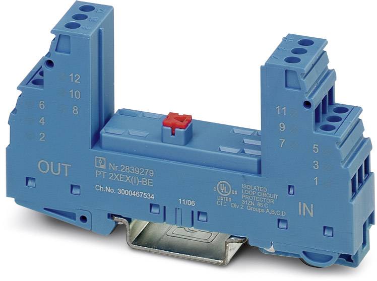 Blaues elektrisches Modul mit Aufschrift 'OUT' links und 'IN' rechts, besitzt mehrere Anschlussmöglichkeiten und einen roten Schalter oben.