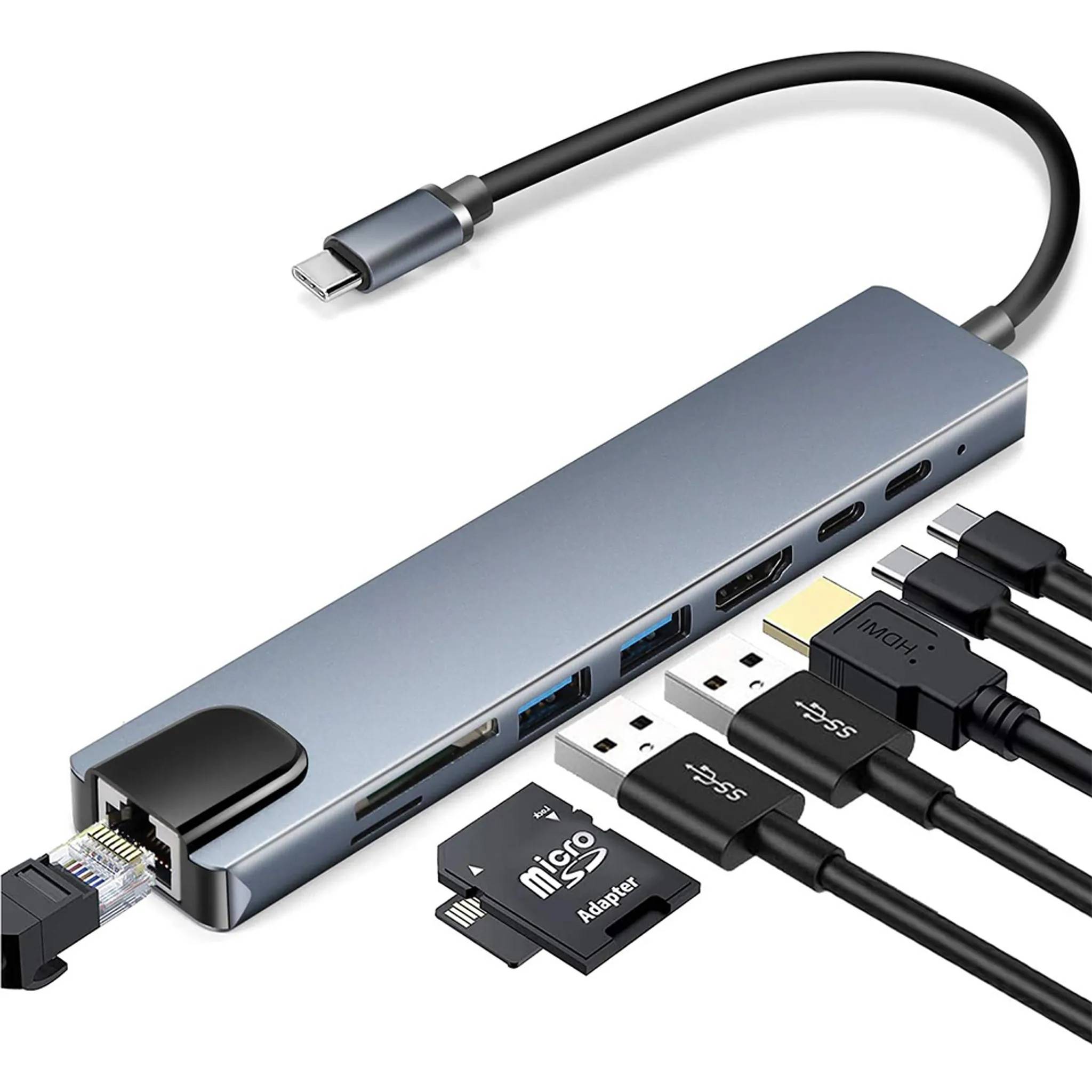 Typ-C Hub-8 | USB-C zu HDMI, RJ45, SD/TF-Karte, USB Typ-A, USB Typ-C-1