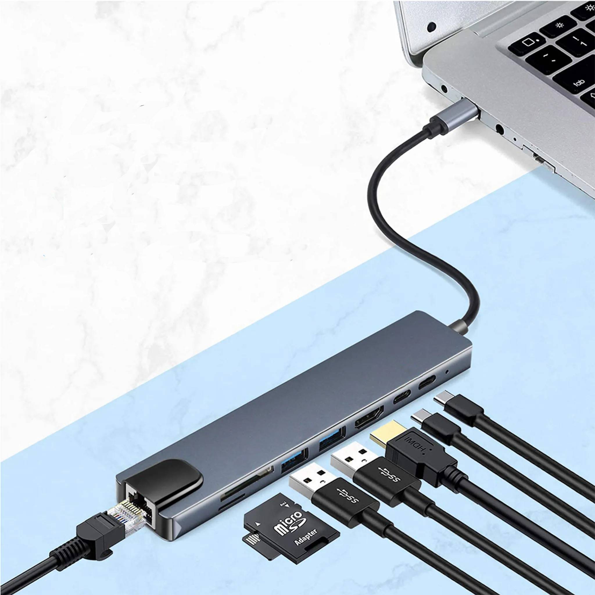 Typ-C Hub-8 | USB-C zu HDMI, RJ45, SD/TF-Karte, USB Typ-A, USB Typ-C-2