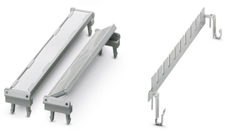 Metallische Schutzhauben und Halterungen, die zur Kabelorganisation verwendet werden. Links zwei Hauben, rechts eine Halterung mit Haken.