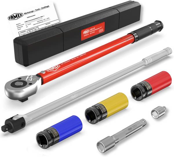 FAMEX 10914 Drehmomentschlüssel Set 1/2 Zoll (12,5mm) 30-210 Nm – Radwechsel Satz mit Gelenkschlüssel ca. 630Nm