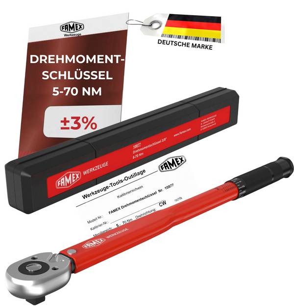 FAMEX 10877 Drehmomentschlüssel 3/8 Zoll (10mm)-Antrieb 5-70 Nm, Motorrad, Auto, Fahrrad, geprüft