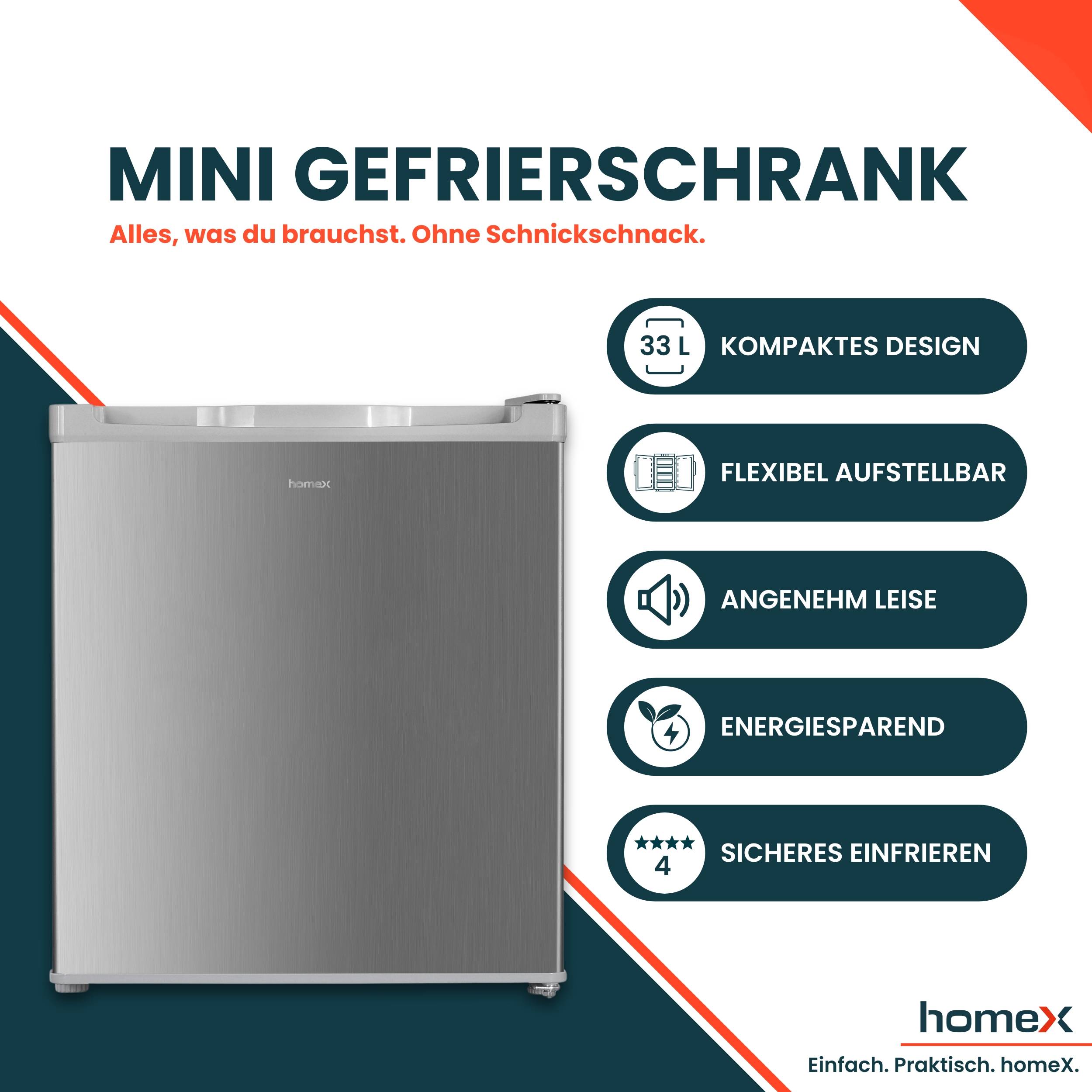 homeX Mini Gefrierschrank, Gefriertruhe klein - 33L Nutzinhalt, 4-Sterne Gefrierbox, Freezer, Tiefkühlschrank, FM1015-S-1
