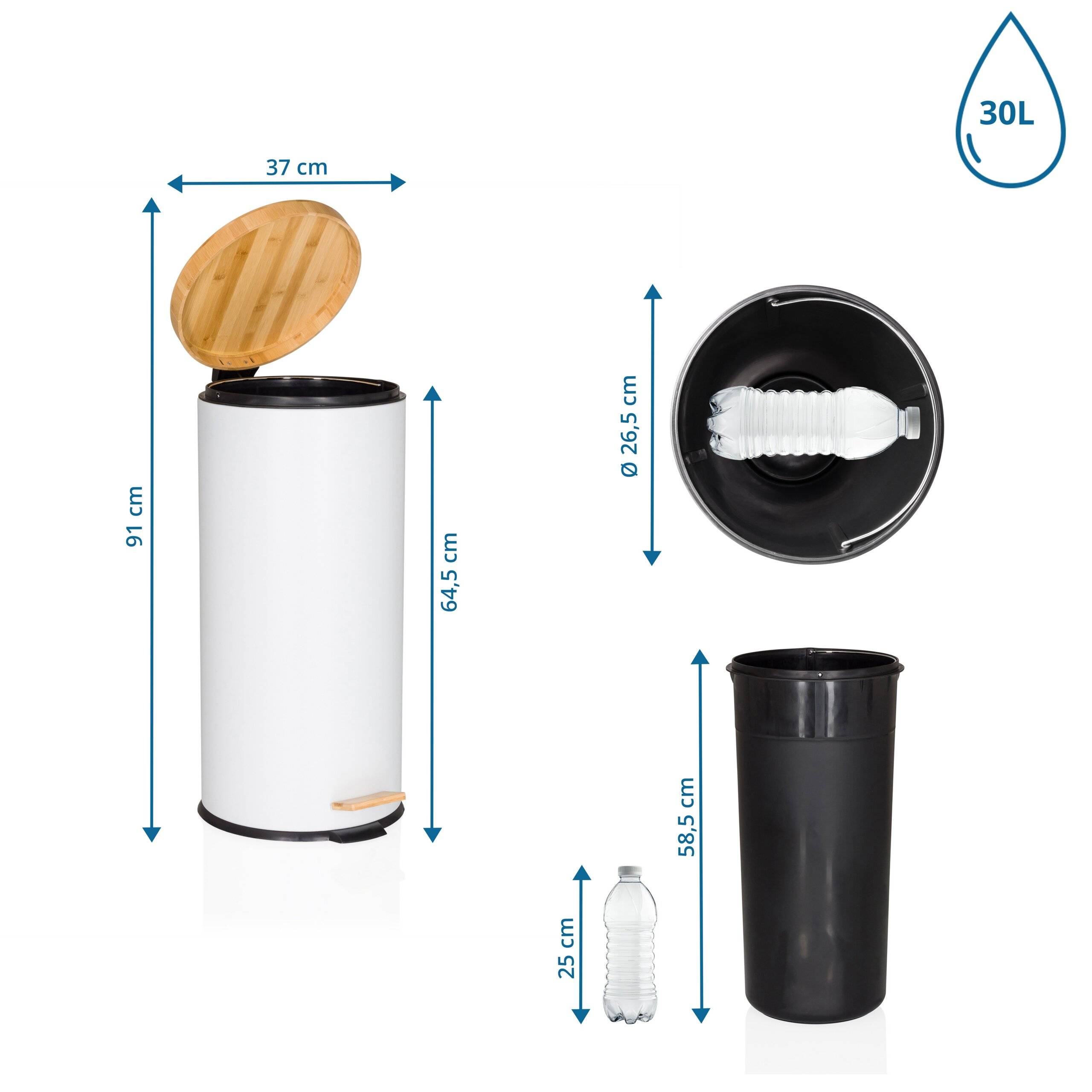 Abfallsammler Mülleimer CLEAN BAMBOO 30L Stahl/Bambus weiß matt hjh OFFICE-1