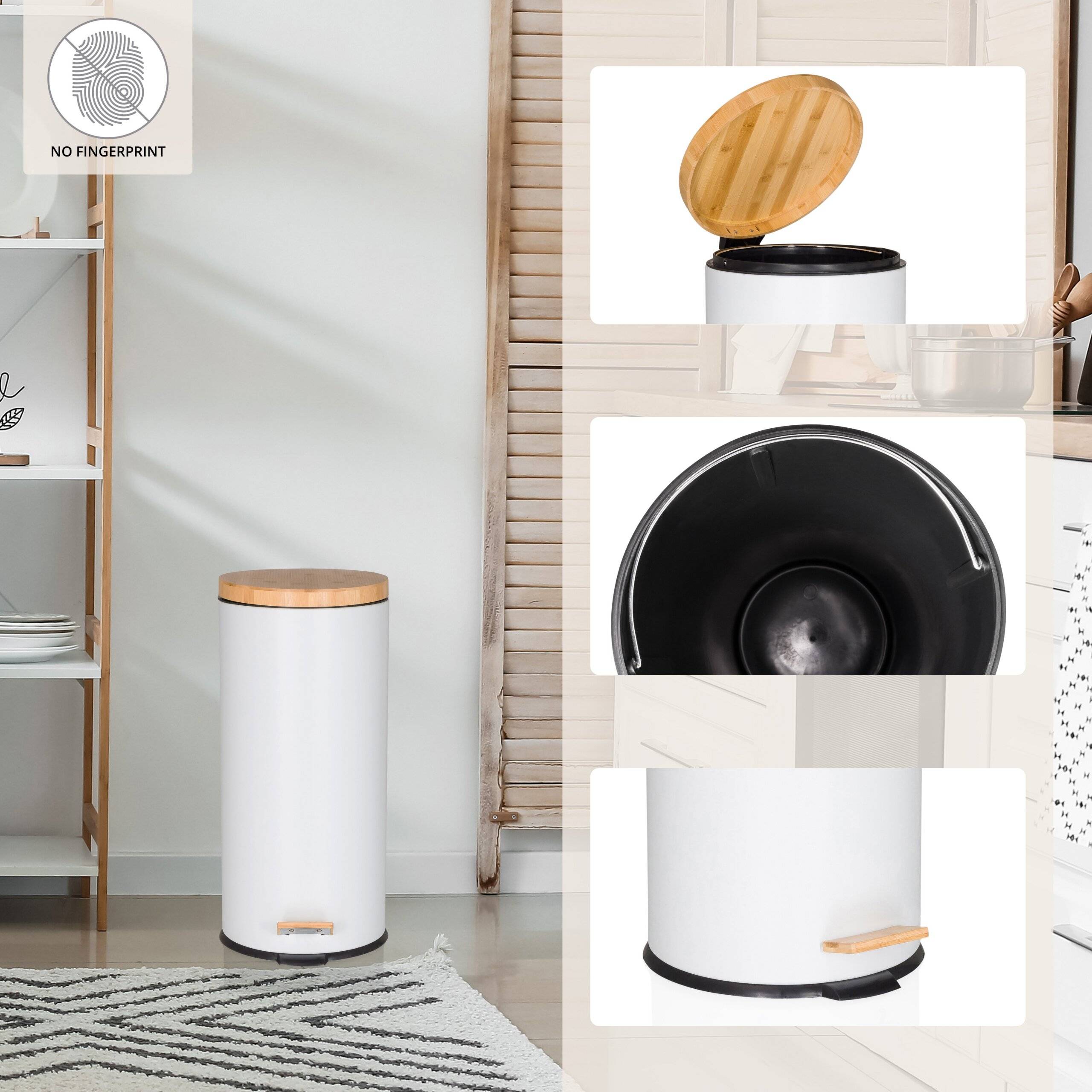 Abfallsammler Mülleimer CLEAN BAMBOO 30L Stahl/Bambus weiß matt hjh OFFICE-3