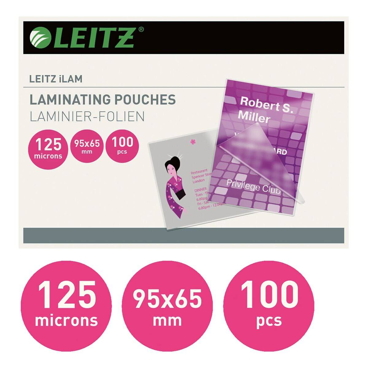 Leitz Laminierfolien iLAM Sonderformat (95x65 mm) 100 Stück 125 mic-2