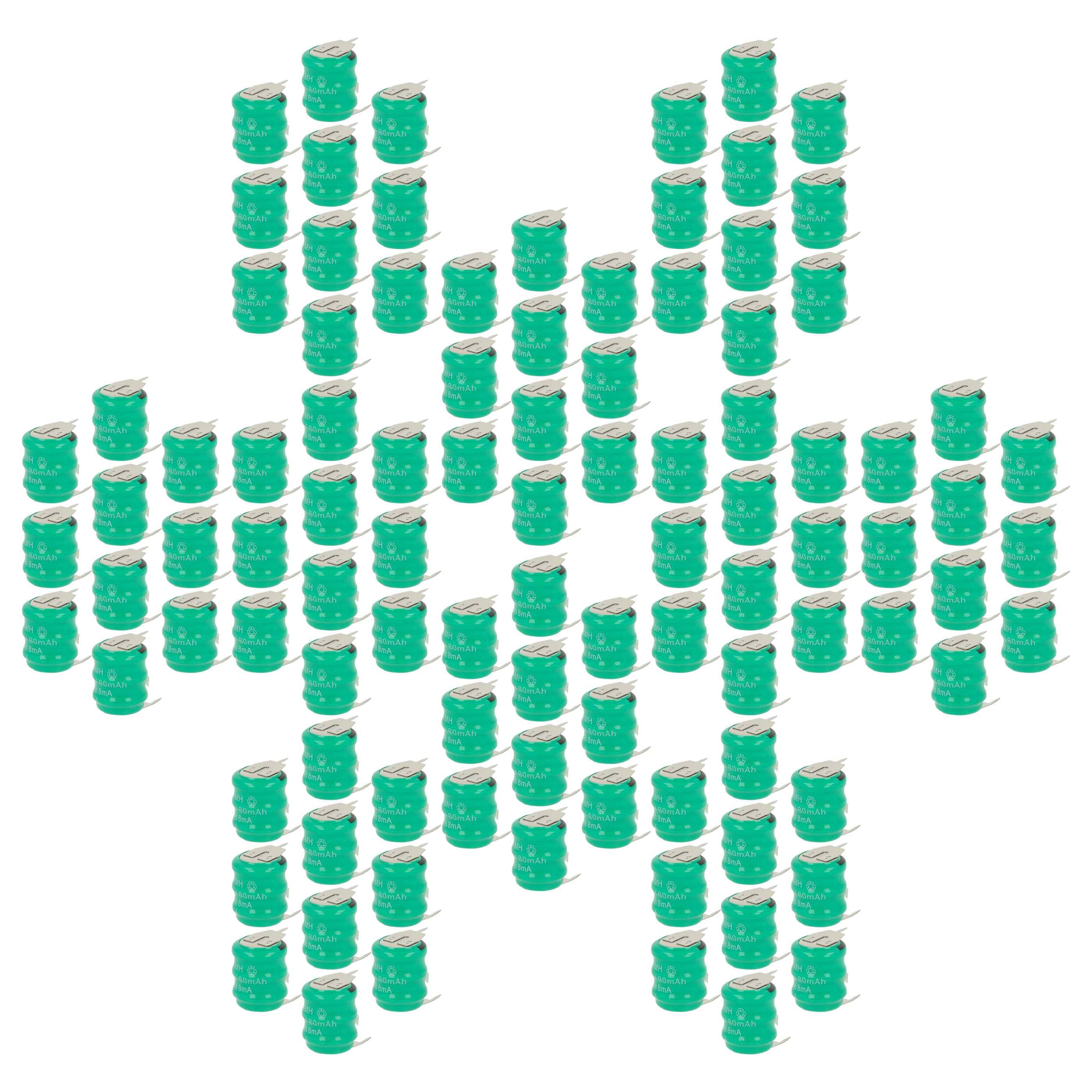 vhbw 100x NiMH Ersatz Knopfzellen-Akku Typ V80H 3-Pins 80mAh 3,6V kompatibel mit Modellbau-Akkus, Solar-Leuchten uvm.-0