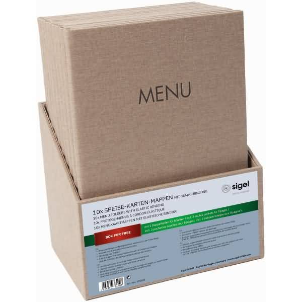 Speisekarten-Mappe Gummi-Bindung A4 Prägung MENU beige mit Box 10 Stück-0
