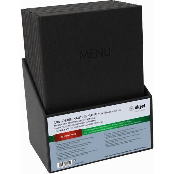 Speisekarten-Mappe Gummi-Bindung A4 Prägung MENU schwarz mit Box 10 Stück