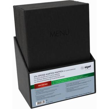 Speisekarten-Mappe Gummi-Bindung A4 Prägung MENU schwarz mit Box 10 Stück