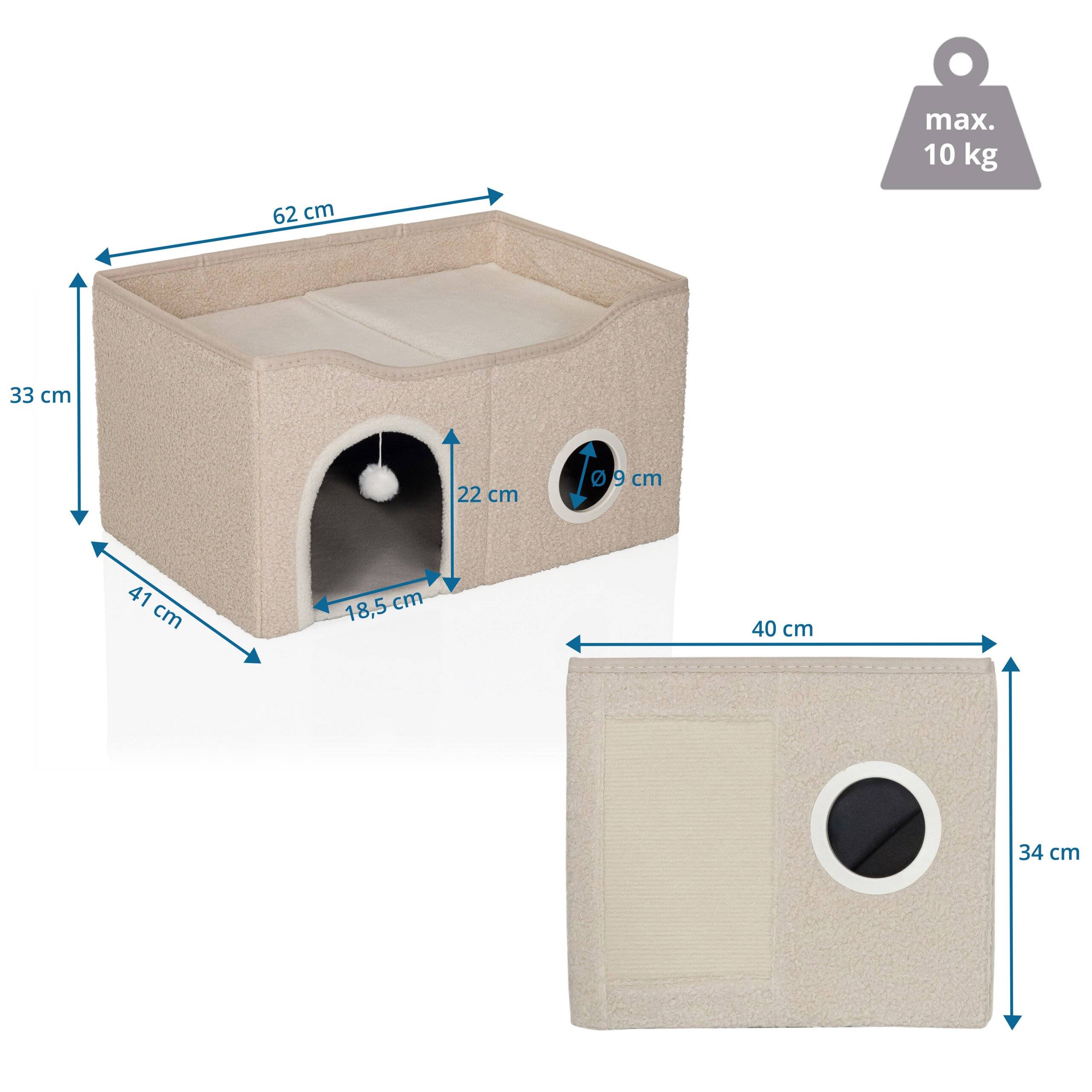 Katzenhaus Katzenhöhle PAWY EB eckig faltbar mit Spielzeug beige hjh LIVING-1