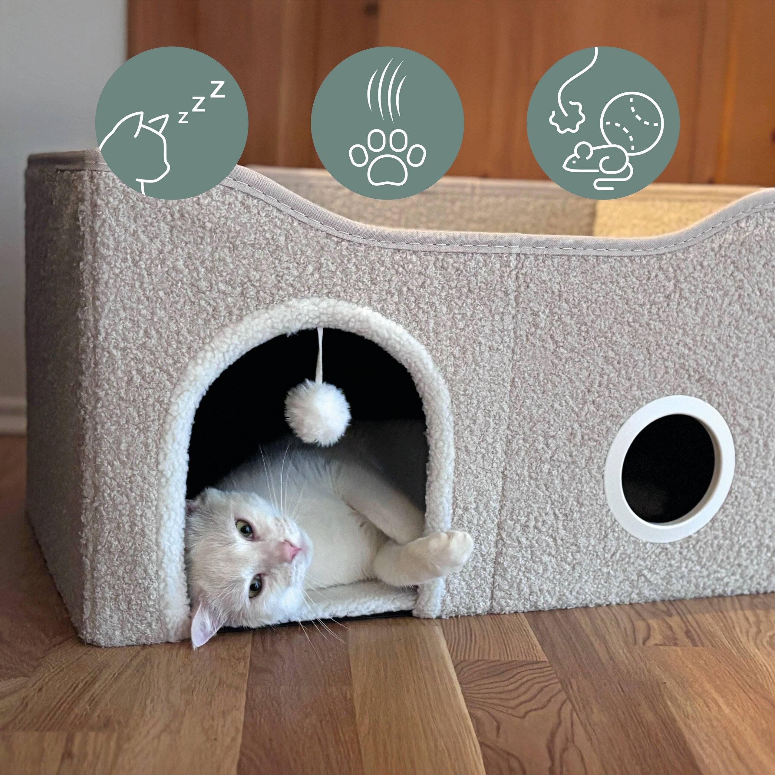 Katzenhaus Katzenhöhle PAWY EB eckig faltbar mit Spielzeug beige hjh LIVING-3