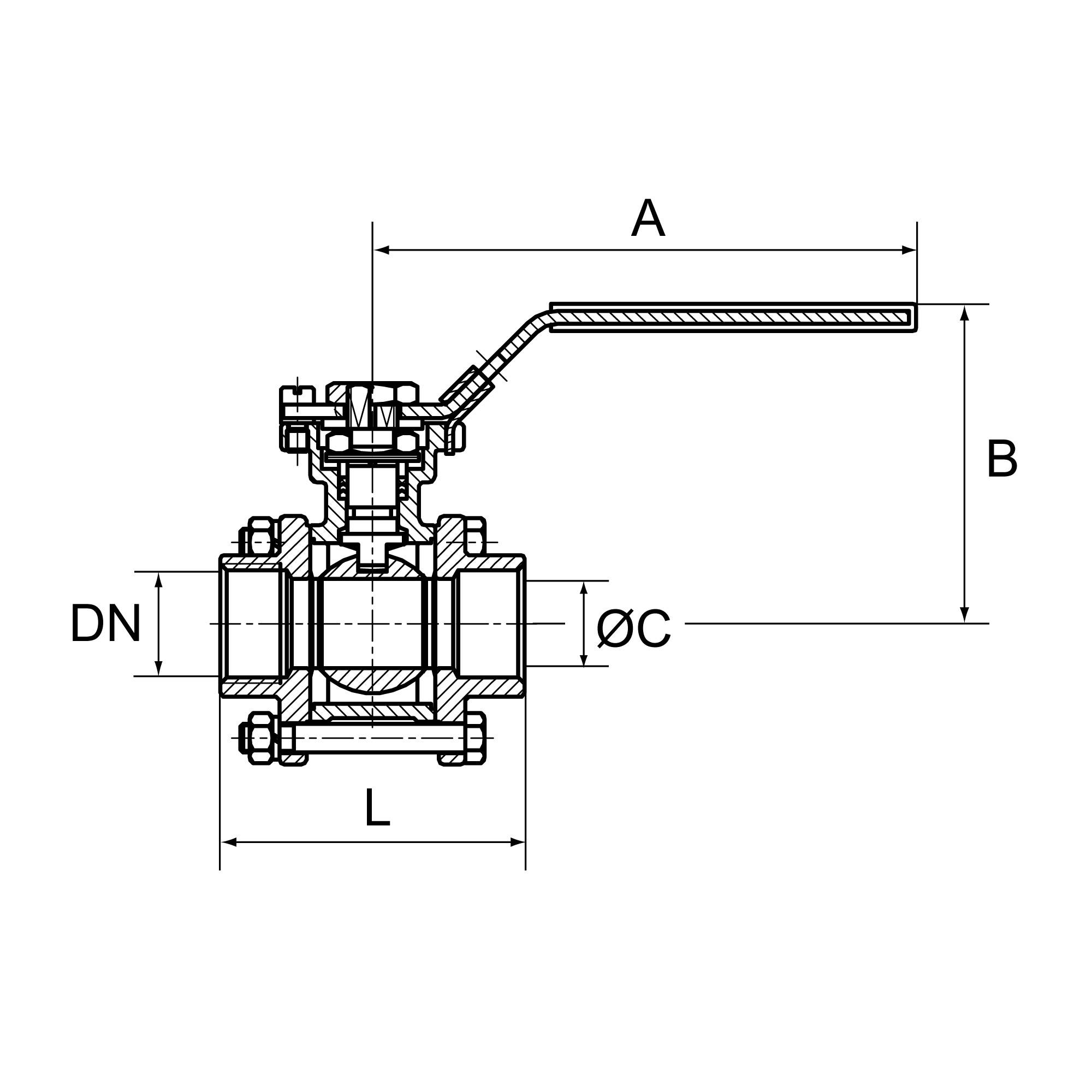 RIEGLER Edelstahlkugelhahn, 3-teilig, Baulänge nach DIN 3202-M3, G 2, DN 50, Betriebstemp. -20 °C bis 180 °C, PN max. 63-2