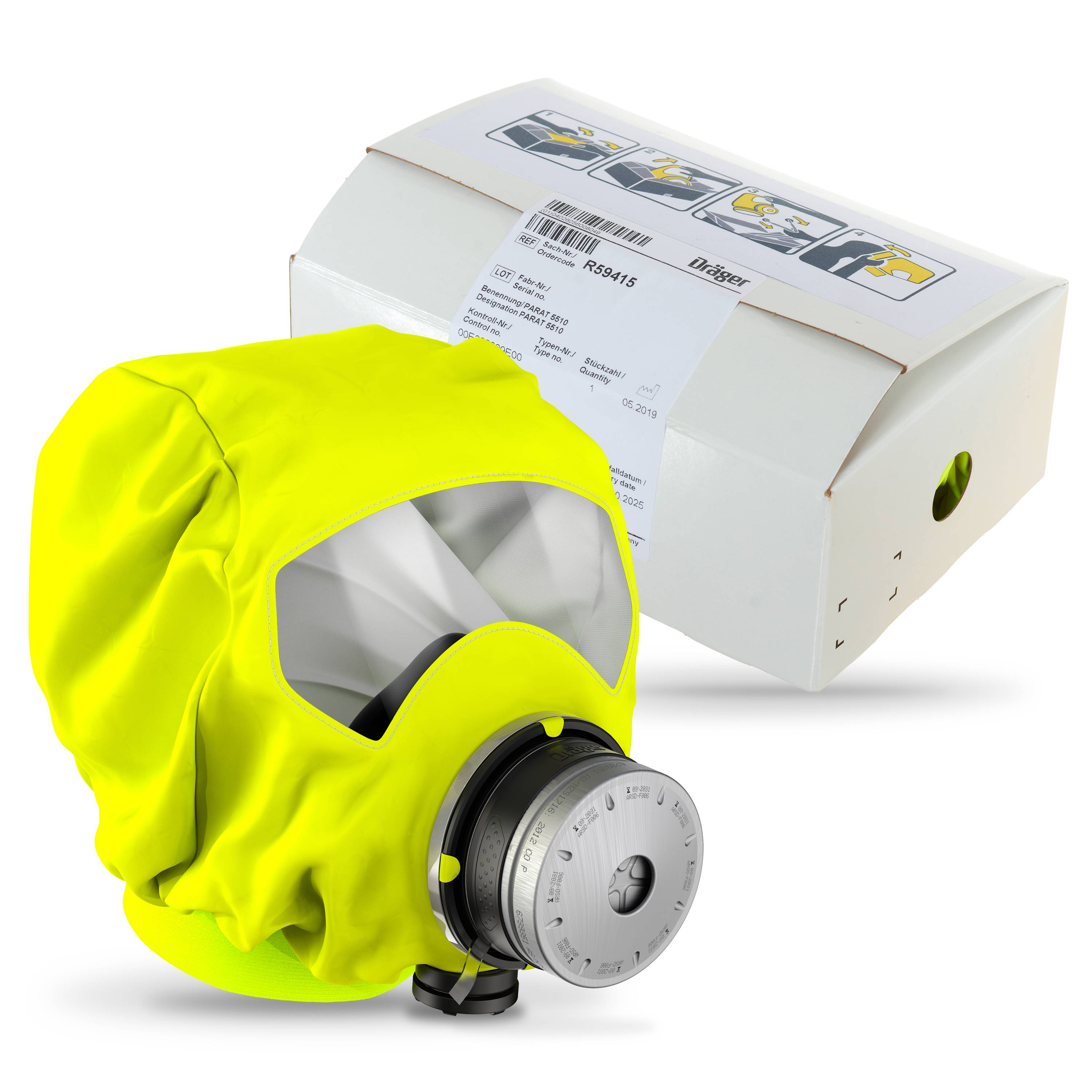 Dräger Brandfluchthaube PARAT 5510 Fluchthaube mit CO-P2 Filter Kohlenmonoxid Atemschutzmaske-0