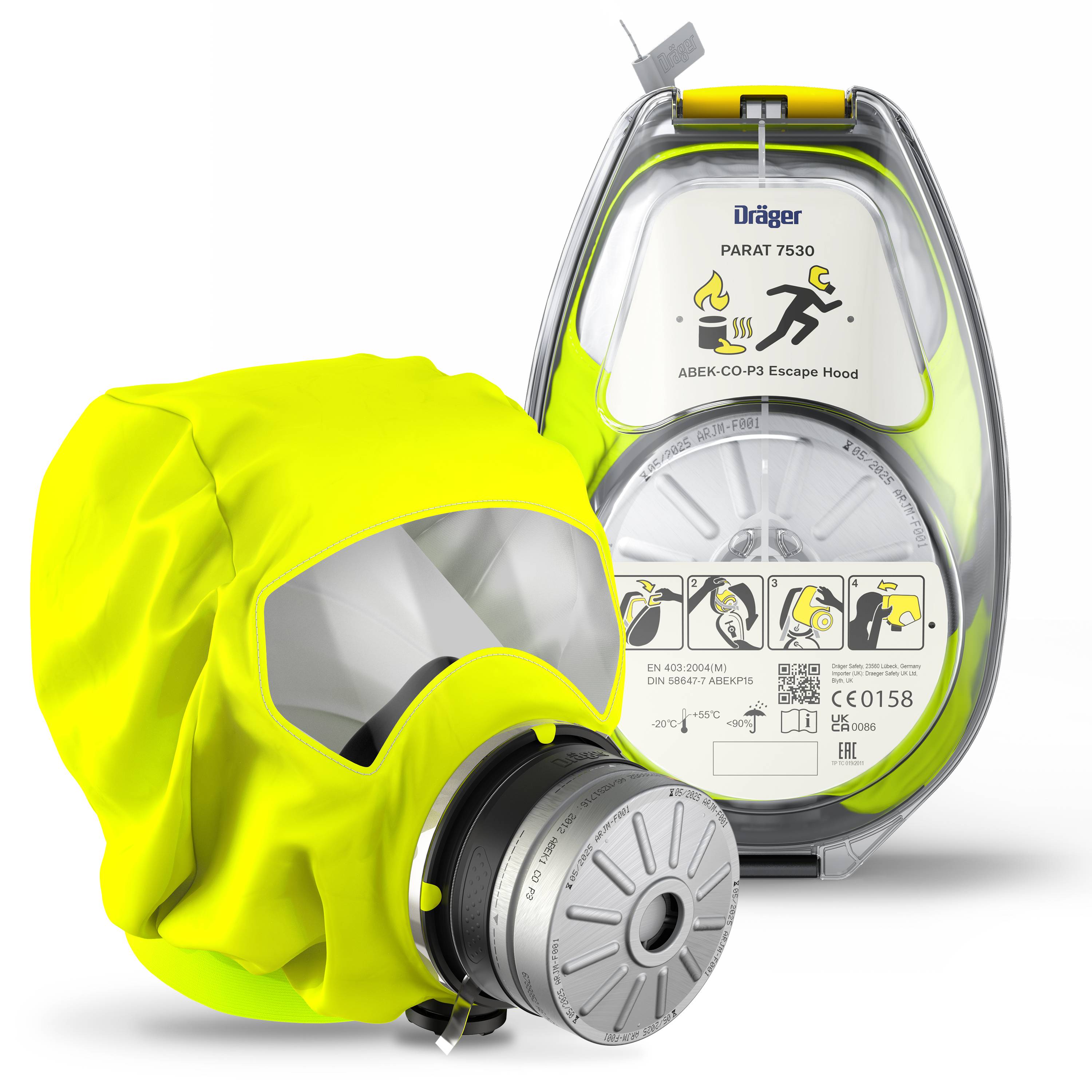 Dräger Brandschutzhaube PARAT 7530 mit ABEK CO P3 Filter Fluchthaube Rettungshaube Kohlenmonoxid Filter-0