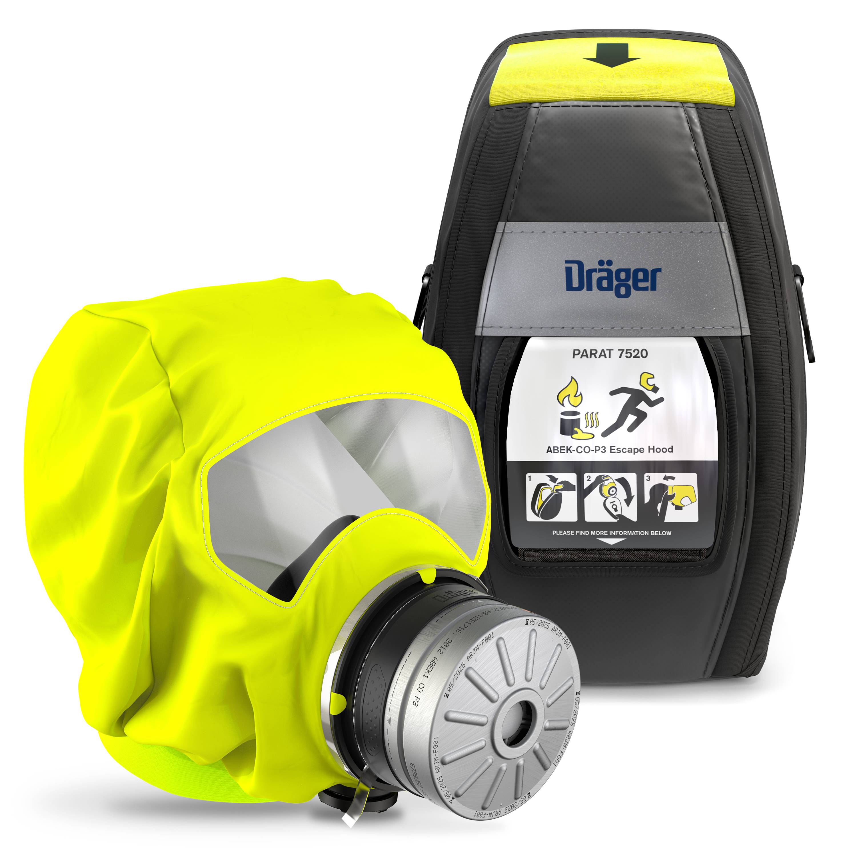 Dräger Brandschutzhaube PARAT 7520 mit ABEK CO P3 Fluchthaube Rettungshaube Filter Kohlenmonoxid Filter-0