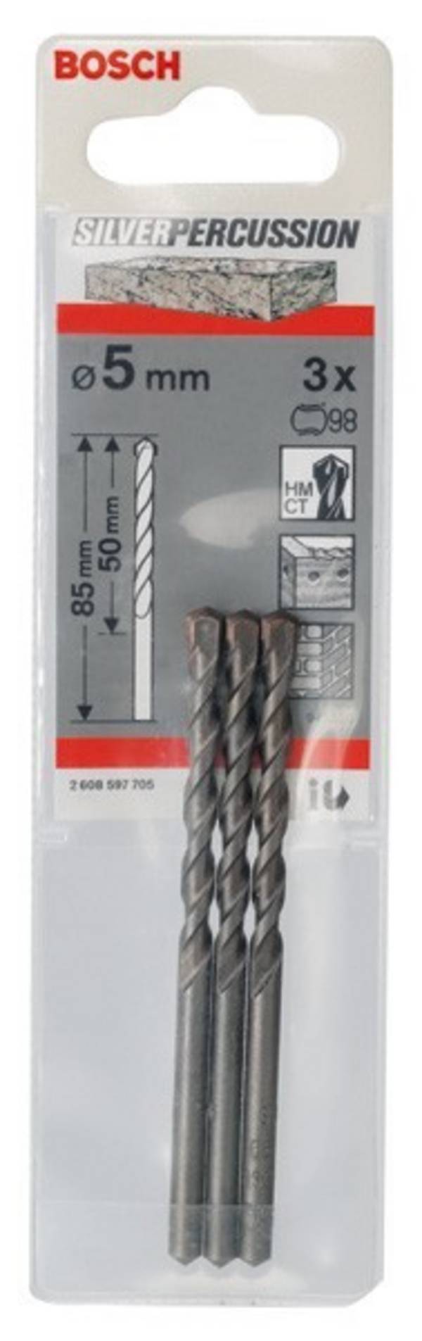 Bosch 3x Betonbohrer CYL-3 Silver Percussion 5 x 50 x 85 mm Ø 4,5 mm - 2608597705