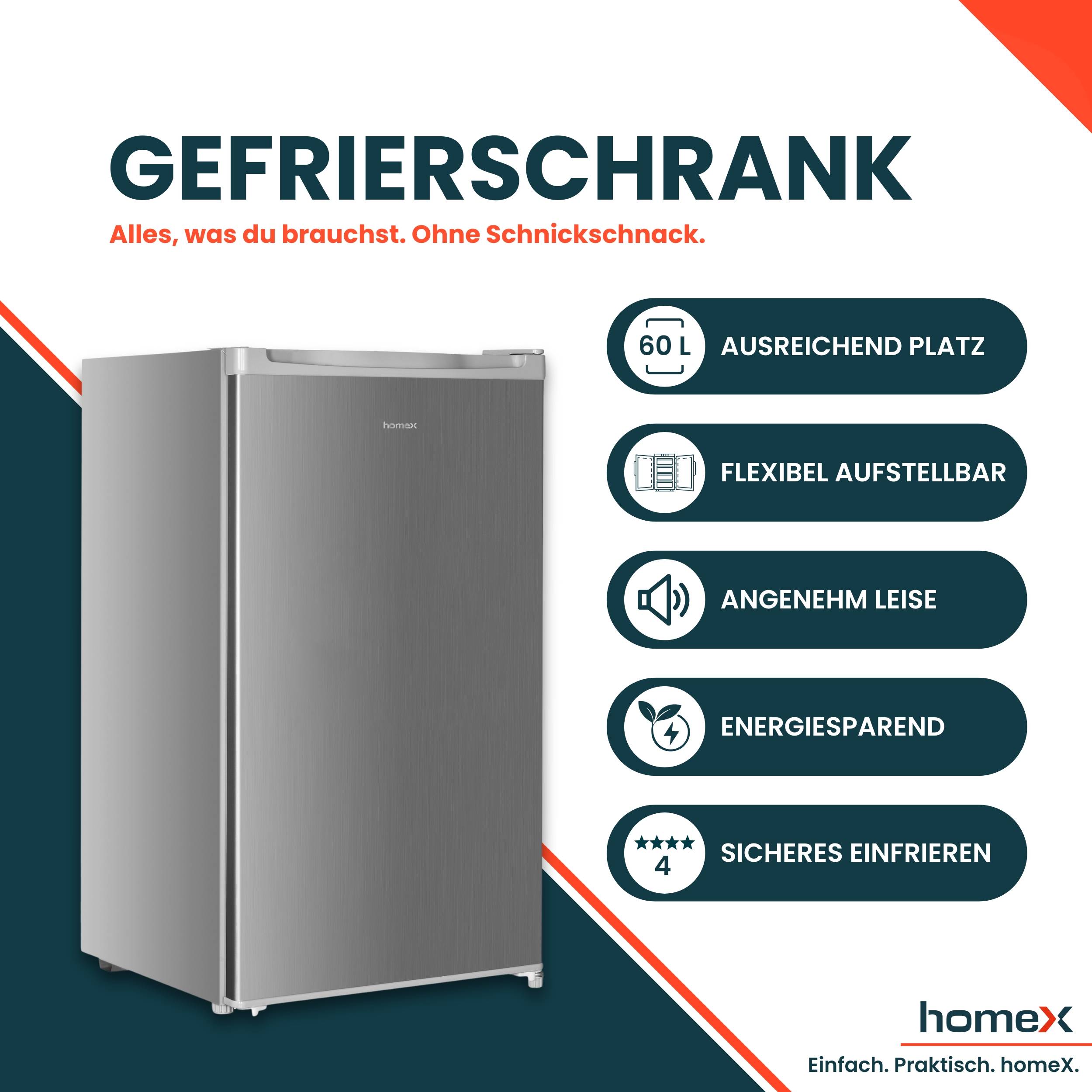 homeX Gefrierschrank, Tiefkühlschrank klein - 60L Nutzinhalt, 4-Sterne Gefrieren, Freezer freistehend, silber, FS1016-S-1