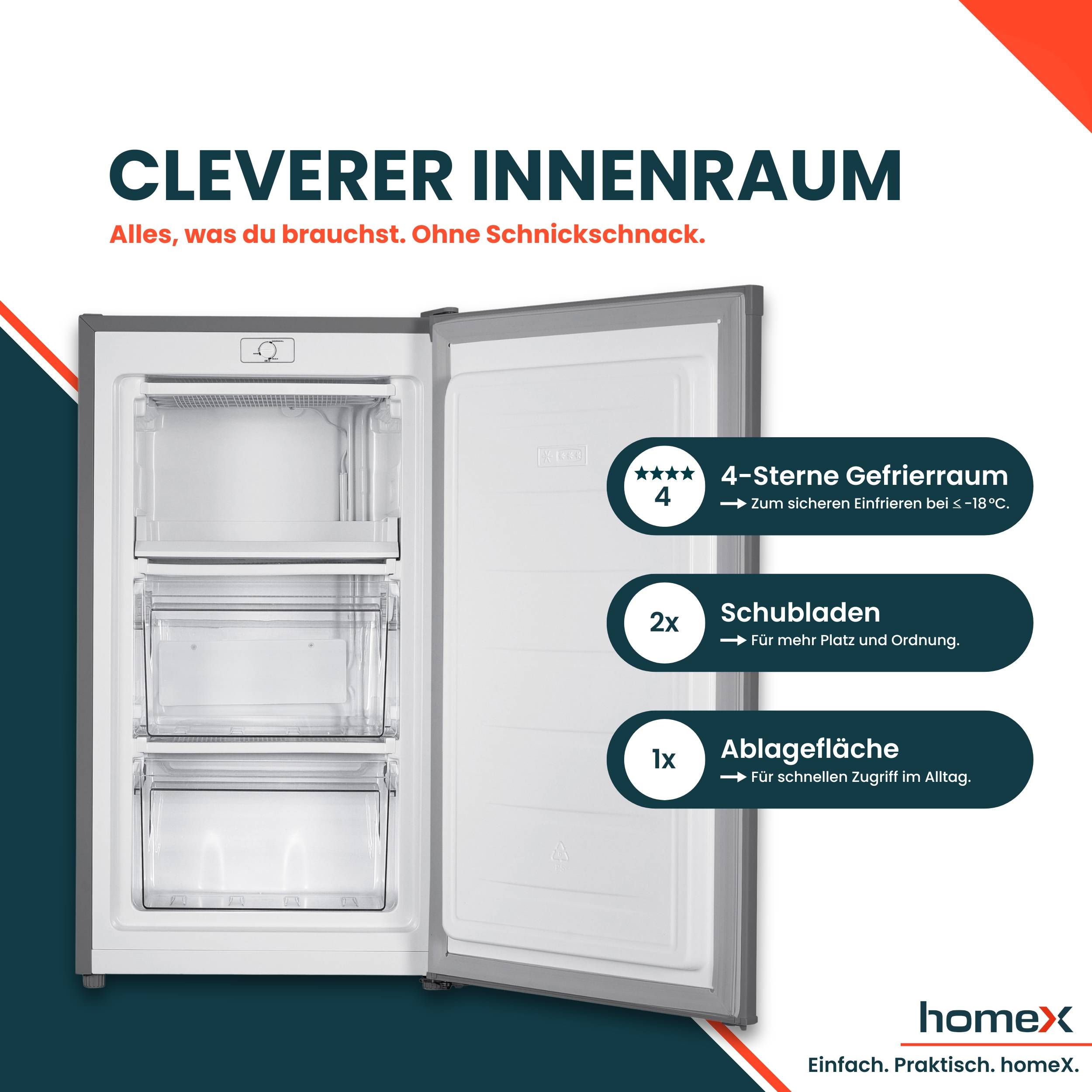 homeX Gefrierschrank, Tiefkühlschrank klein - 60L Nutzinhalt, 4-Sterne Gefrieren, Freezer freistehend, silber, FS1016-S-2