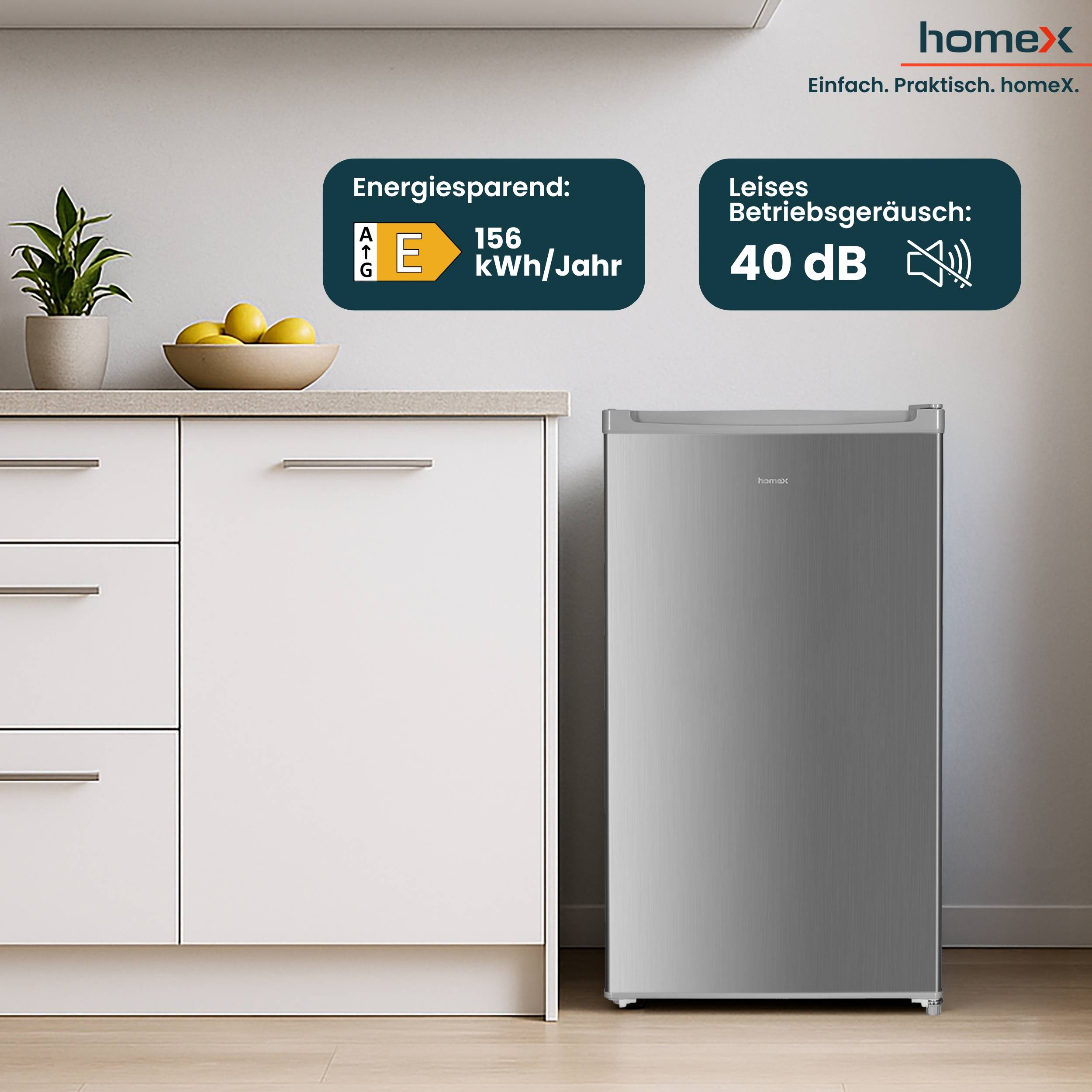 homeX Gefrierschrank, Tiefkühlschrank klein - 60L Nutzinhalt, 4-Sterne Gefrieren, Freezer freistehend, silber, FS1016-S-3