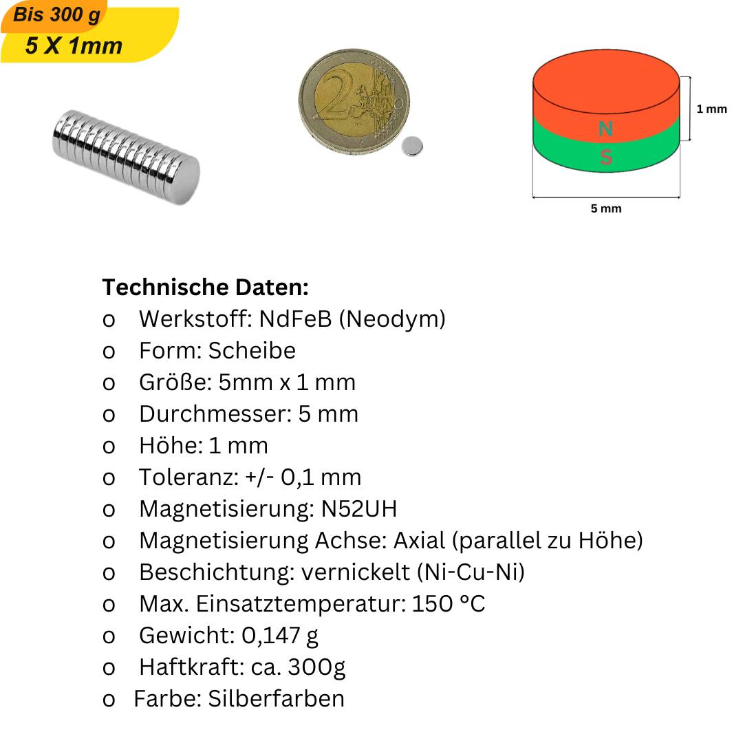 100 Stück Neodym Magnet 5mm x 1mm Supermagnete hohe Haftkraft Scheibenmagnet-5