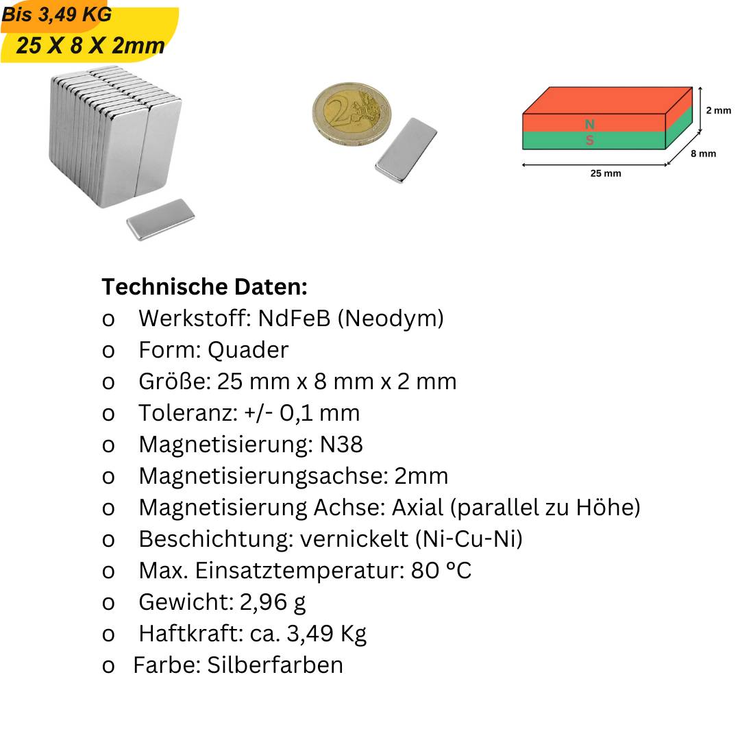 20 Stück Neodym Magnet 25mm x 8mm x 2mm Supermagnete hohe Haftkraft Quadermagnete-5