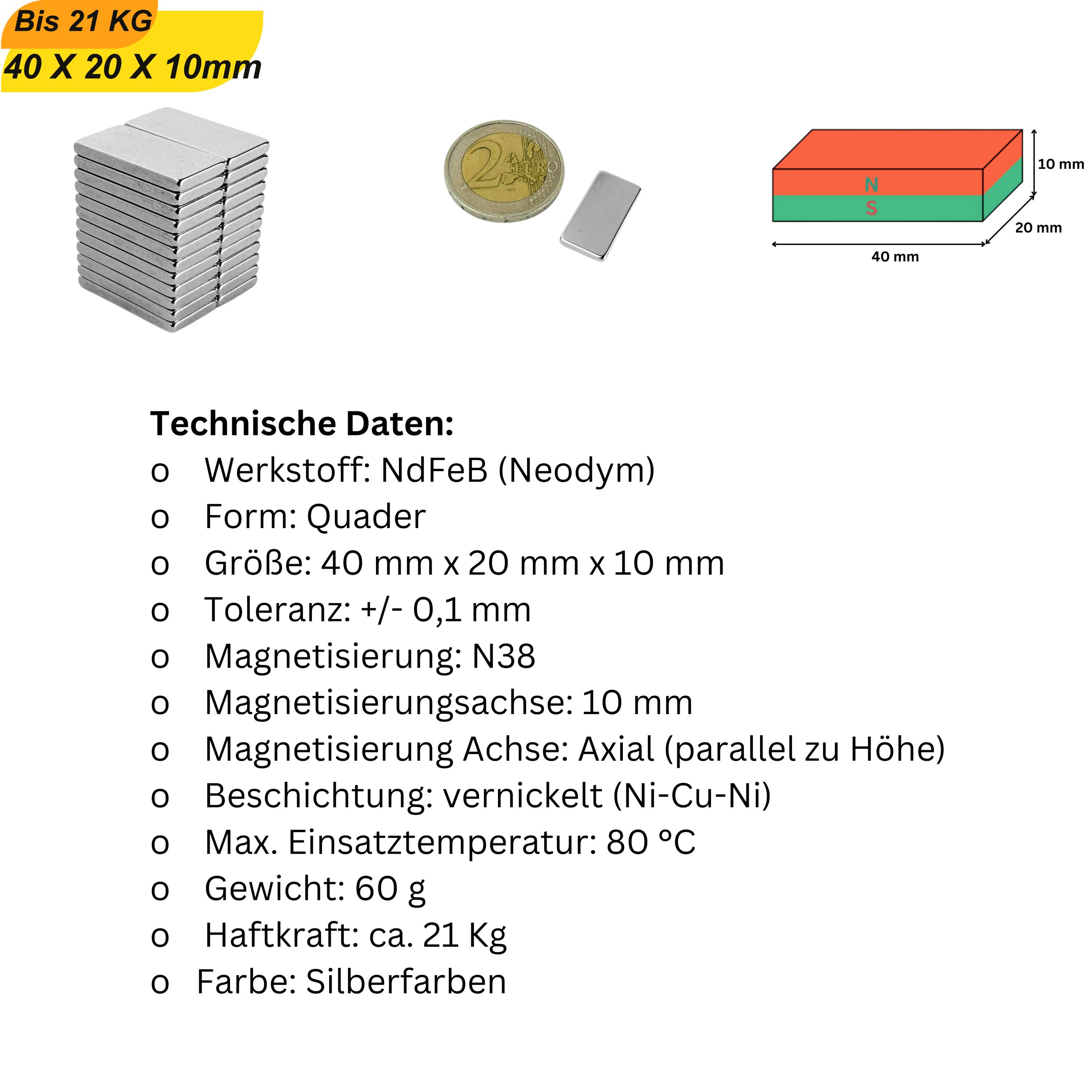 3 Stück Neodym Magnet 40mm x 20mm x 10mm Supermagnete hohe Haftkraft Quadermagnete-5