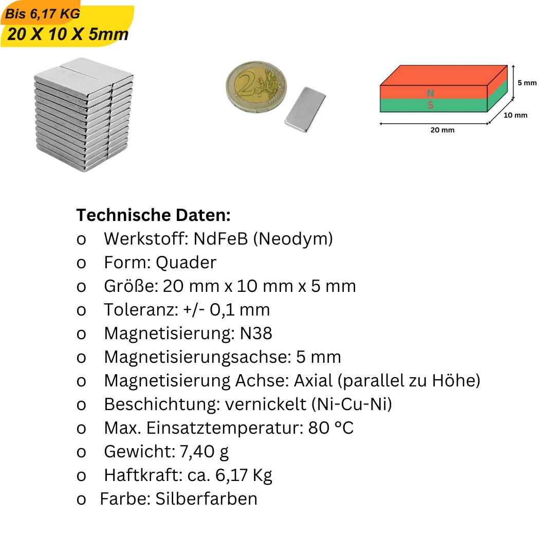 20 Stück Neodym Magnet 20mm x 10mm x 5mm Supermagnete hohe Haftkraft Quadermagnete-5