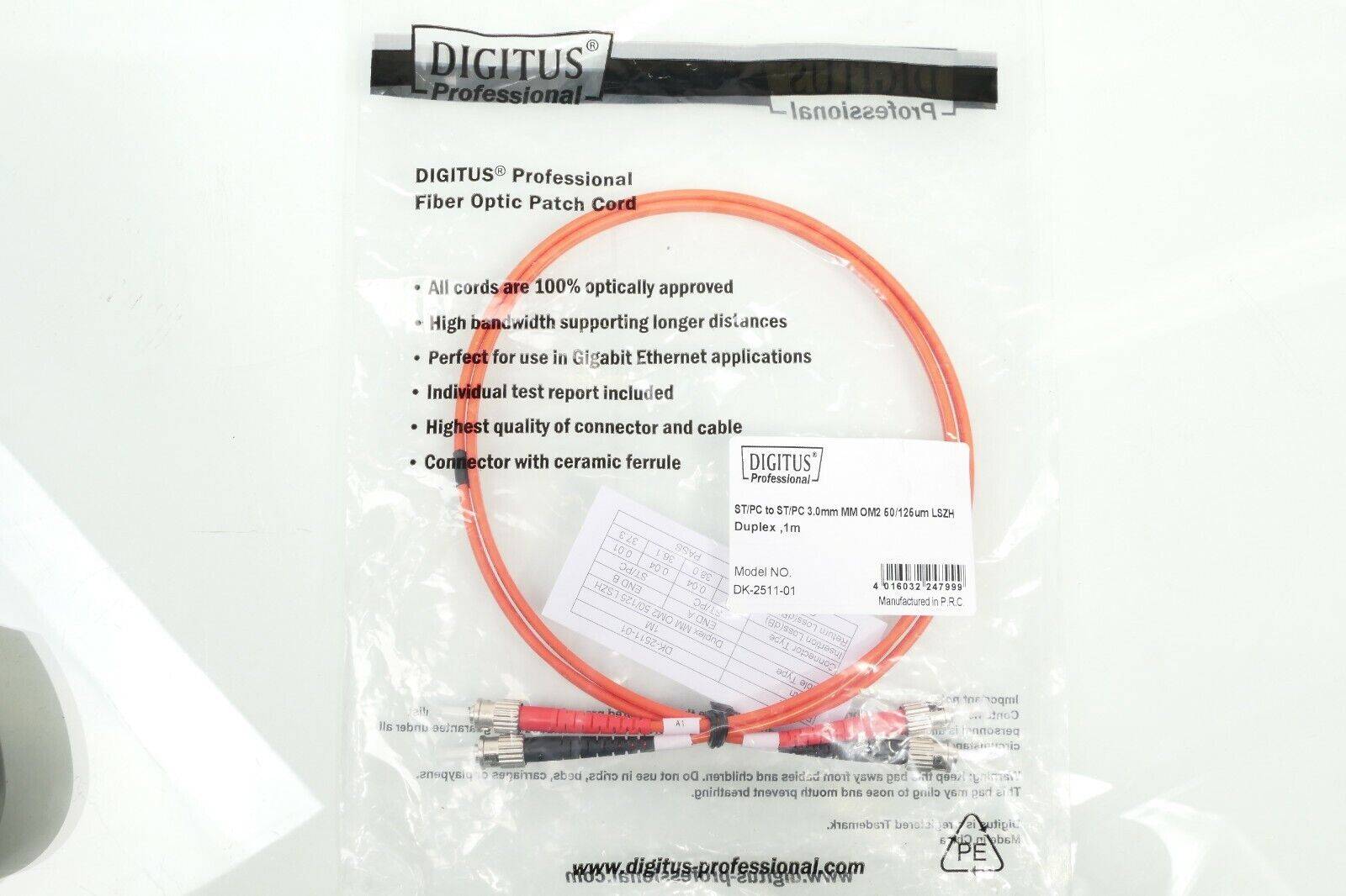 Digitus - DK-2511-01 - DIGITUS ST/PC to ST/PC 3.00mm MM OM2 60/125um LSZH Duplex 1m | DK-2511-01-0
