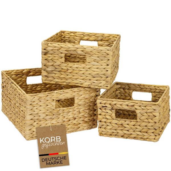 HMF Aufbewahrungskorb geflochten aus Wasserhyazinthe, Korb mit Tragegriffen, 3er Set, Größe 22 + 26 + 30 cm, Natur