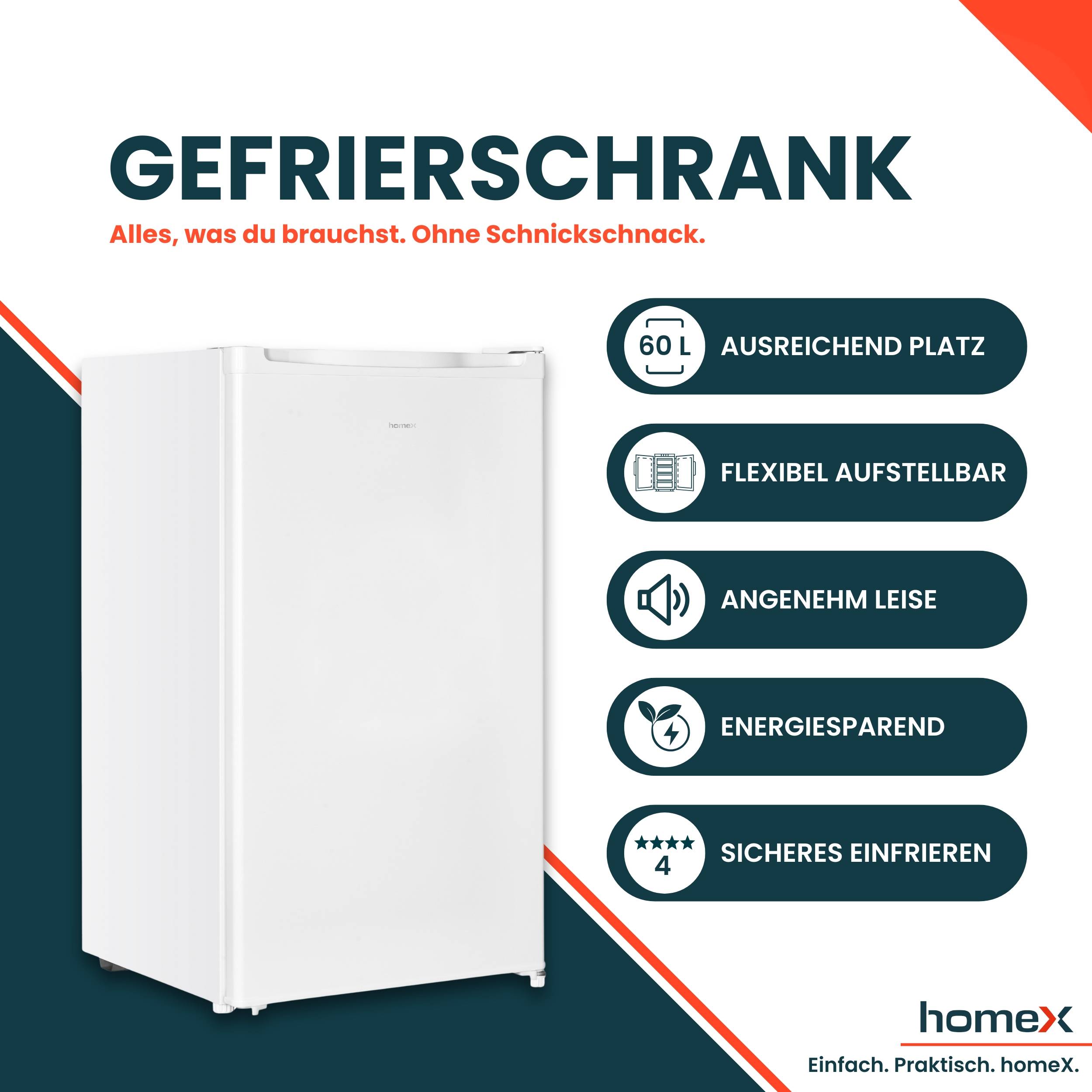 homeX Gefrierschrank, Tiefkühlschrank klein - 60L Nutzinhalt, 4-Sterne Gefrieren, Freezer freistehend, weiß, FS1016-W-1